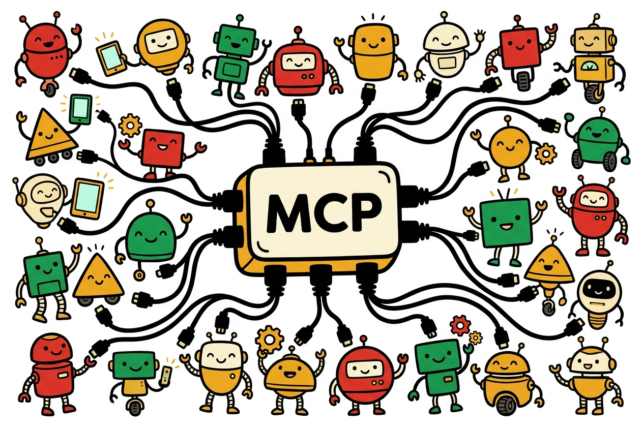 A central MCP plug fanning cables out to a crowd of happy little robot agents