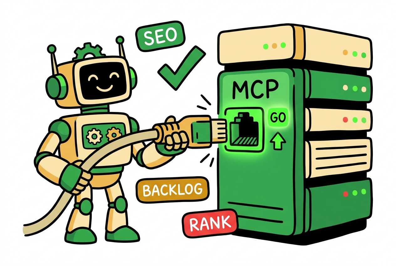 A friendly robot AI agent plugging a cable into a glowing green MCP port with a GO light on