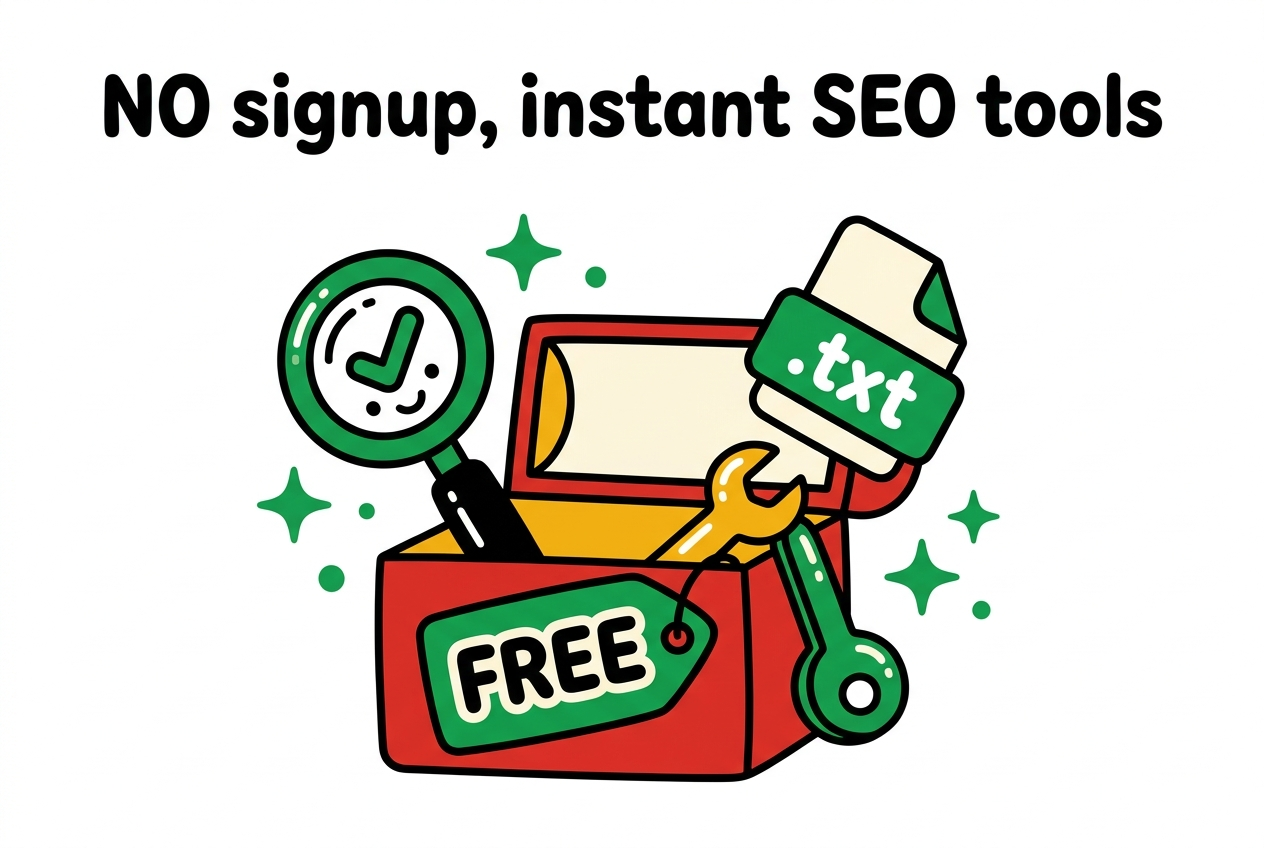 An open toolbox spilling out free SEO tools with a big green FREE tag