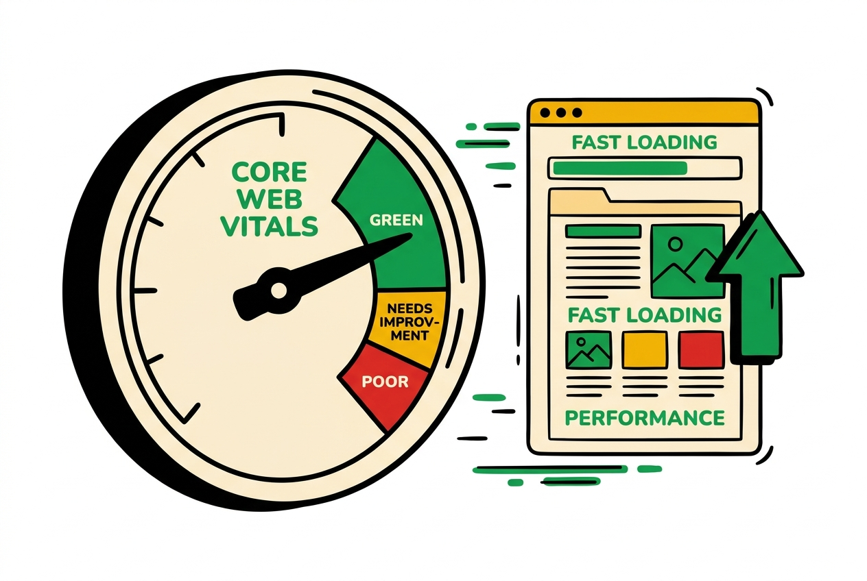 A Core Web Vitals gauge in the green zone next to a fast-loading page