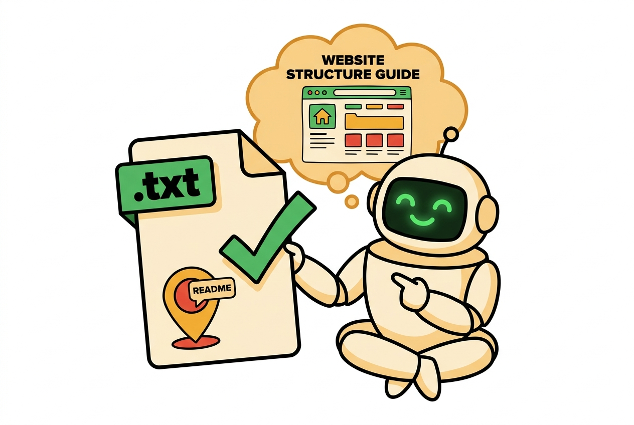 A robot reading an llms.txt website-structure guide