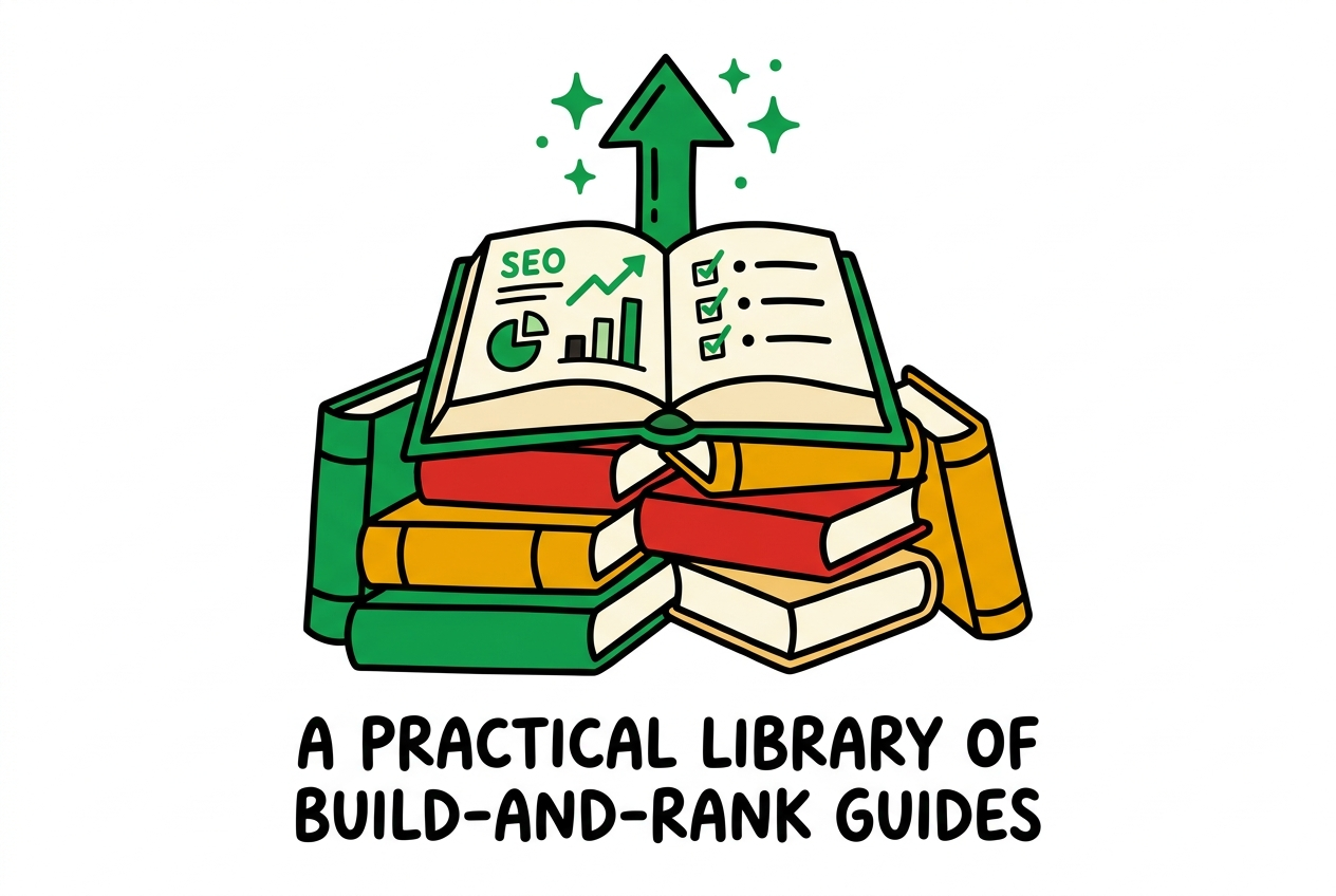 A stack of colorful how-to guide books with a green up-arrow