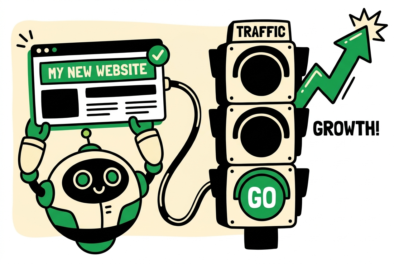 A robot AI agent holding up a new website next to a traffic light glowing GO, with a green growth arrow
