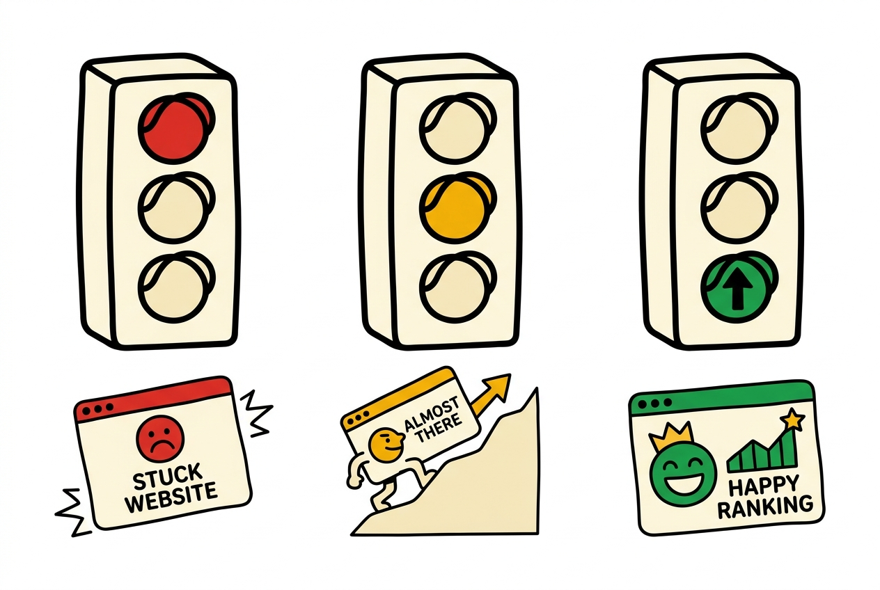 Three traffic lights: red over a stuck website, amber over an almost-ranking site, green over a happy ranking site