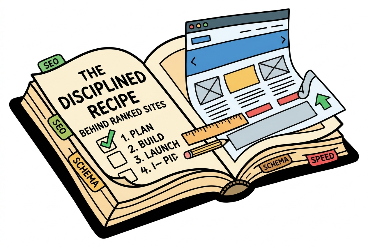 An open playbook titled The Disciplined Recipe Behind Ranked Sites with a build checklist and a website being built to spec