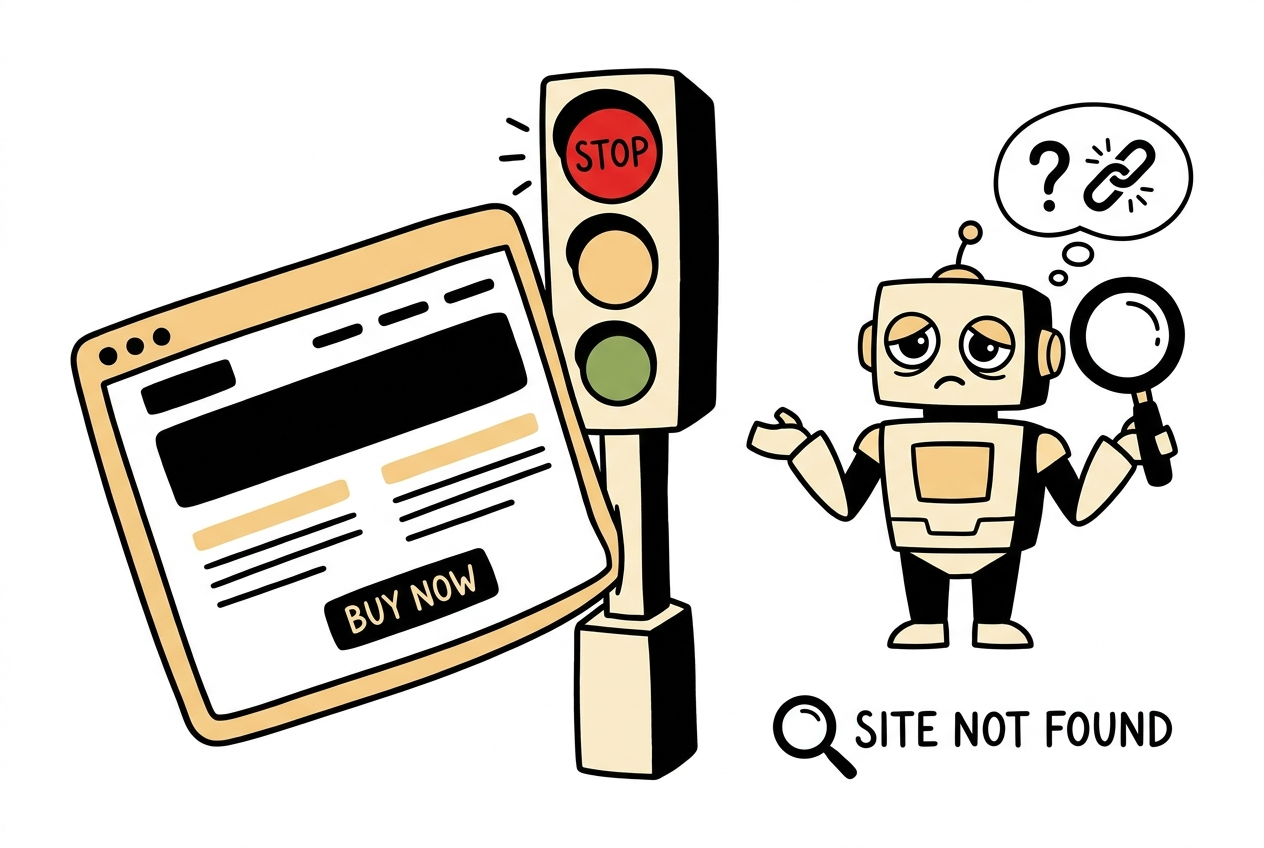 A finished website stuck at a red STOP traffic light while a confused search-engine robot with a magnifying glass reads Site Not Found