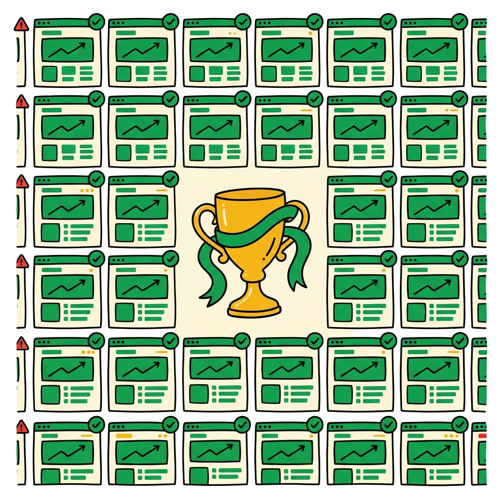 A wall of green-lit ranked website cards around a gold trophy