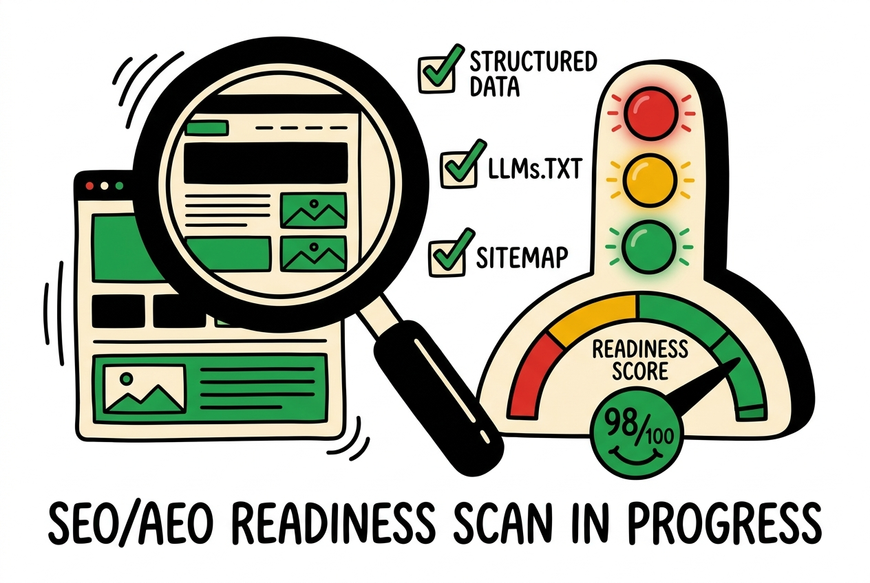 A magnifying glass scanning a website next to a red-amber-green readiness gauge